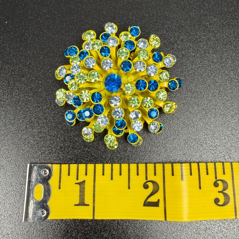Vintage Atomic Brooch Yellow Blue Green Clear Rhinestones Sputnik Starburst - Picture 5 of 14